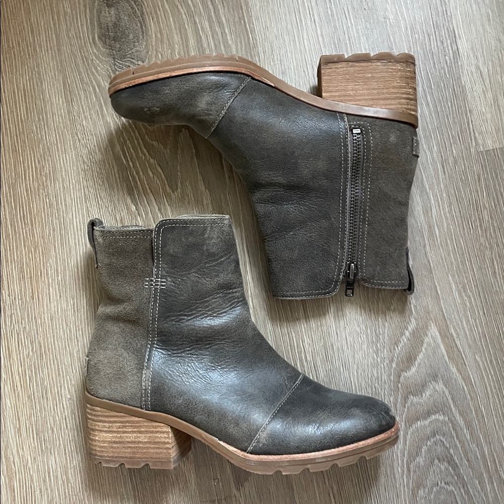 Sorel Women's Dark Gray Leather Block Heel Ankle Boots 9